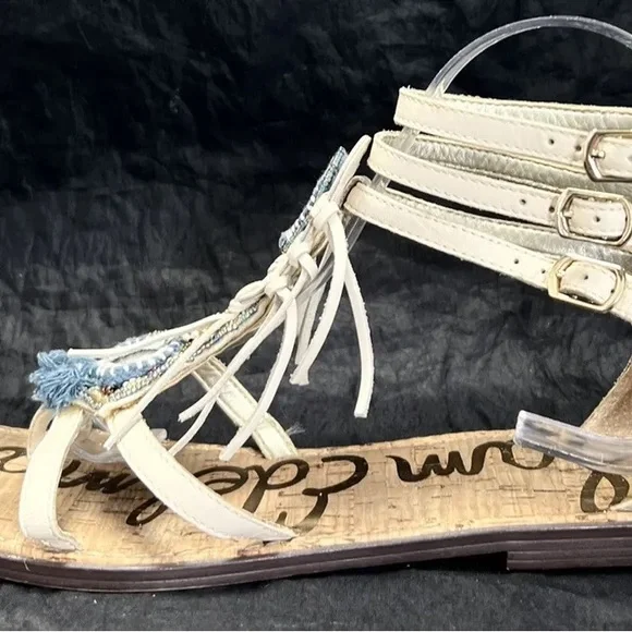 Sam Edelman Anella Beaded Fringe Gladiator Sandals - White/Blue - Size 6 boho - Picture 4 of 6